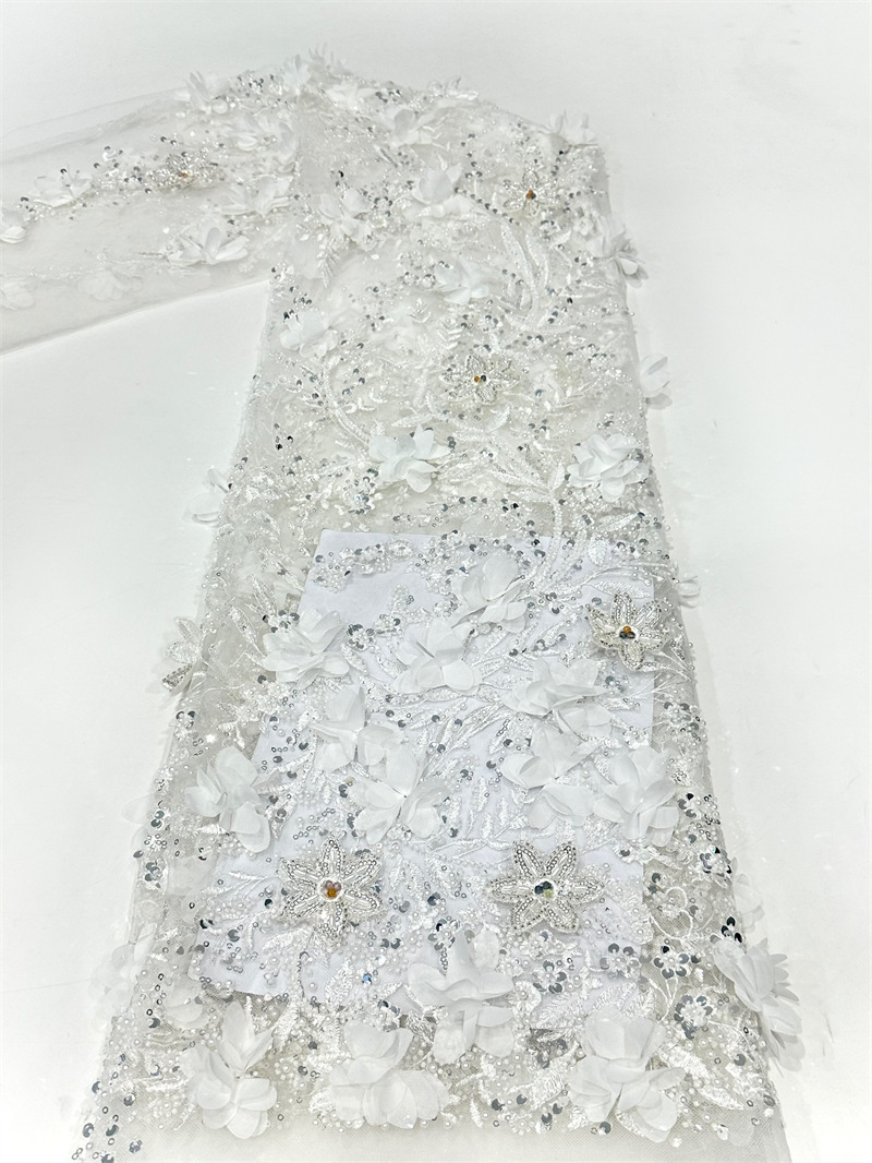 Tejido de bordado de mano pesada pura perla de sequela de perlas tela de malla de tubo de perlas de alta fijación vestido de boda vestido de tela image 8