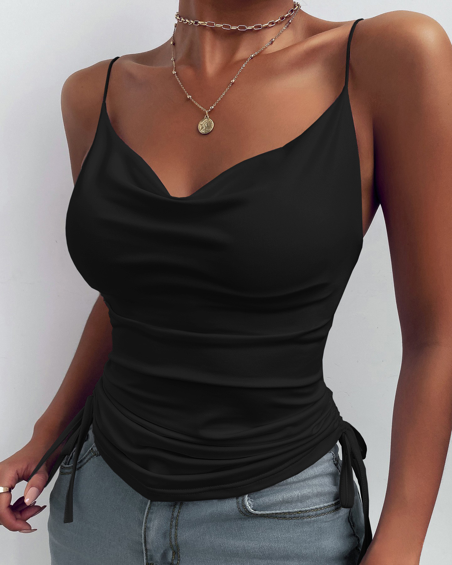 Solid Color Deep V-Neck Tight-Fitting Drawstring Sling Vest NSLZ104463