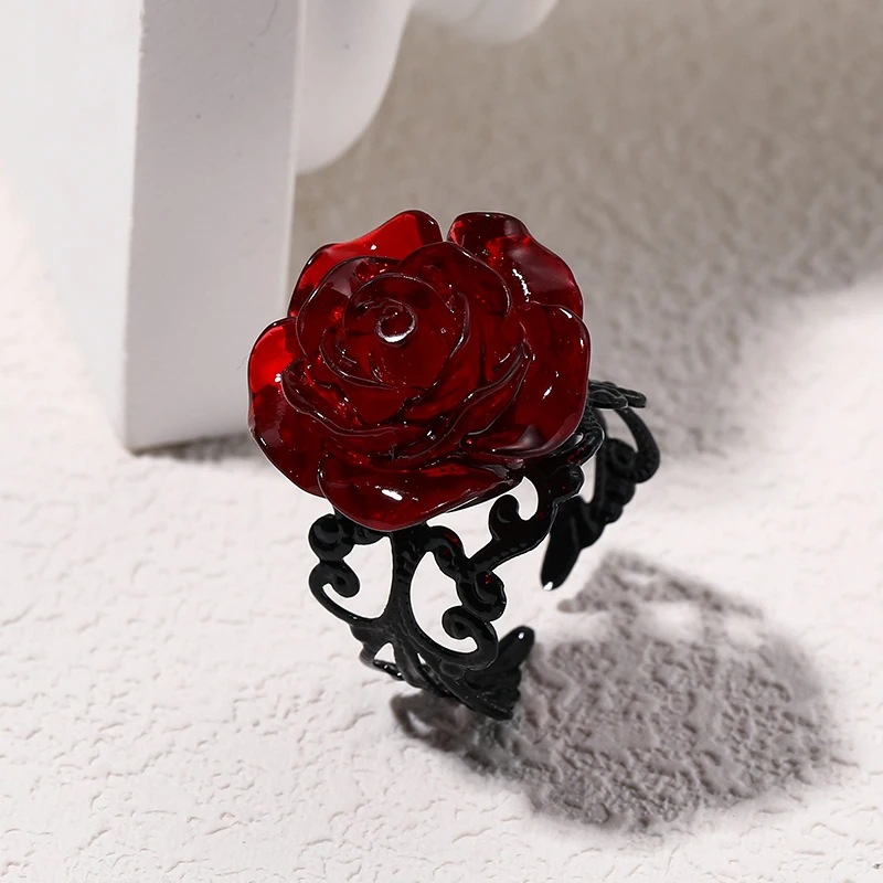 Adjustable Gothic Red Rose Flower Ring For Women In Metal_voghion.com