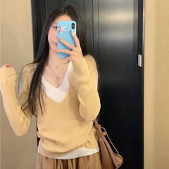 デザイン感vネックの偽の2つのニットのtシャツ