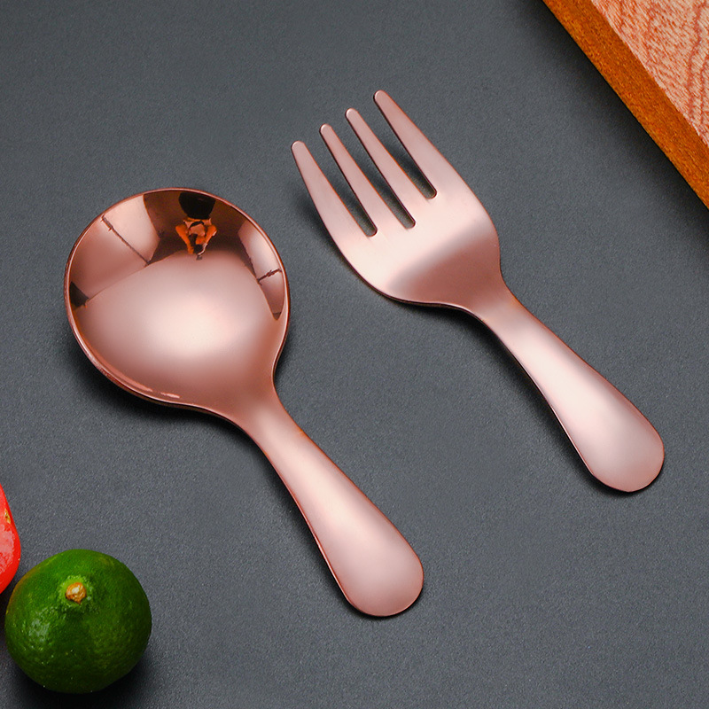 Creativo 304 cuchara de bebé de acero inoxidable mango corto tenedor cuchara traje de postre dorado cuchara tenedor helado cuchara niños vajilla