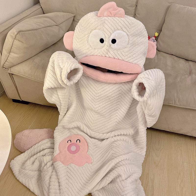 Nuevo invierno en línea rojo unido ropa de dormir mujer encantadora dibujos animados pescado de boca grande más terciopelo espeso jacquard ropa de dormir casera