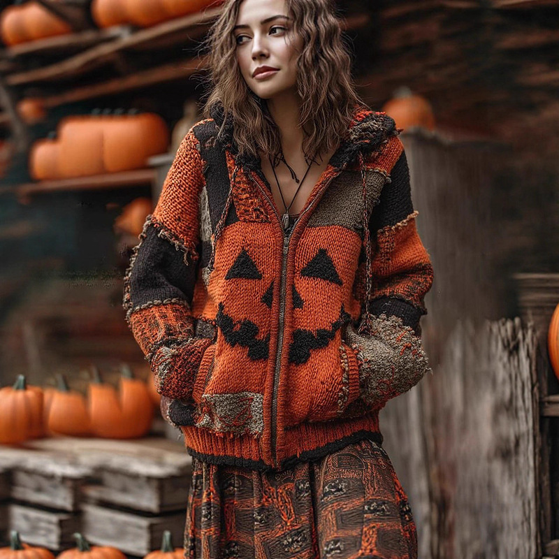 Cross-Border Autumn and Winter New European and American Style Halloween Spoof Digital Printing Zipper Pumpkin Hooded Imitation Knitted Sweater