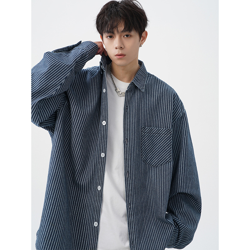 Retro Washed Denim Striped Long-Sleeved Shirt Men's Spring Style Back Splicing Design Japanese Style Loose Casual Shirt