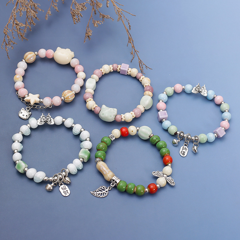 Cute Cartoon Kitten Bracelet for Female Students and Children, Jingdezhen Ceramic Bracelet Wholesale Small Accessories