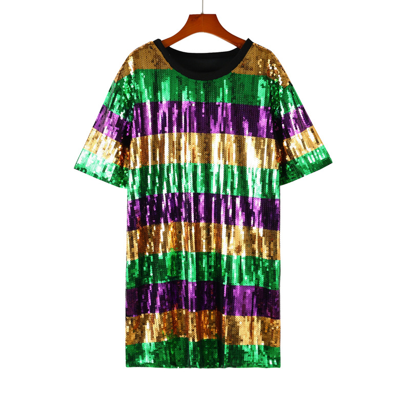 QualiTy in STock ChrisTmas Carnival Purple Green Gold STripesd Sequined ShirT European and American Large Version T-shirT