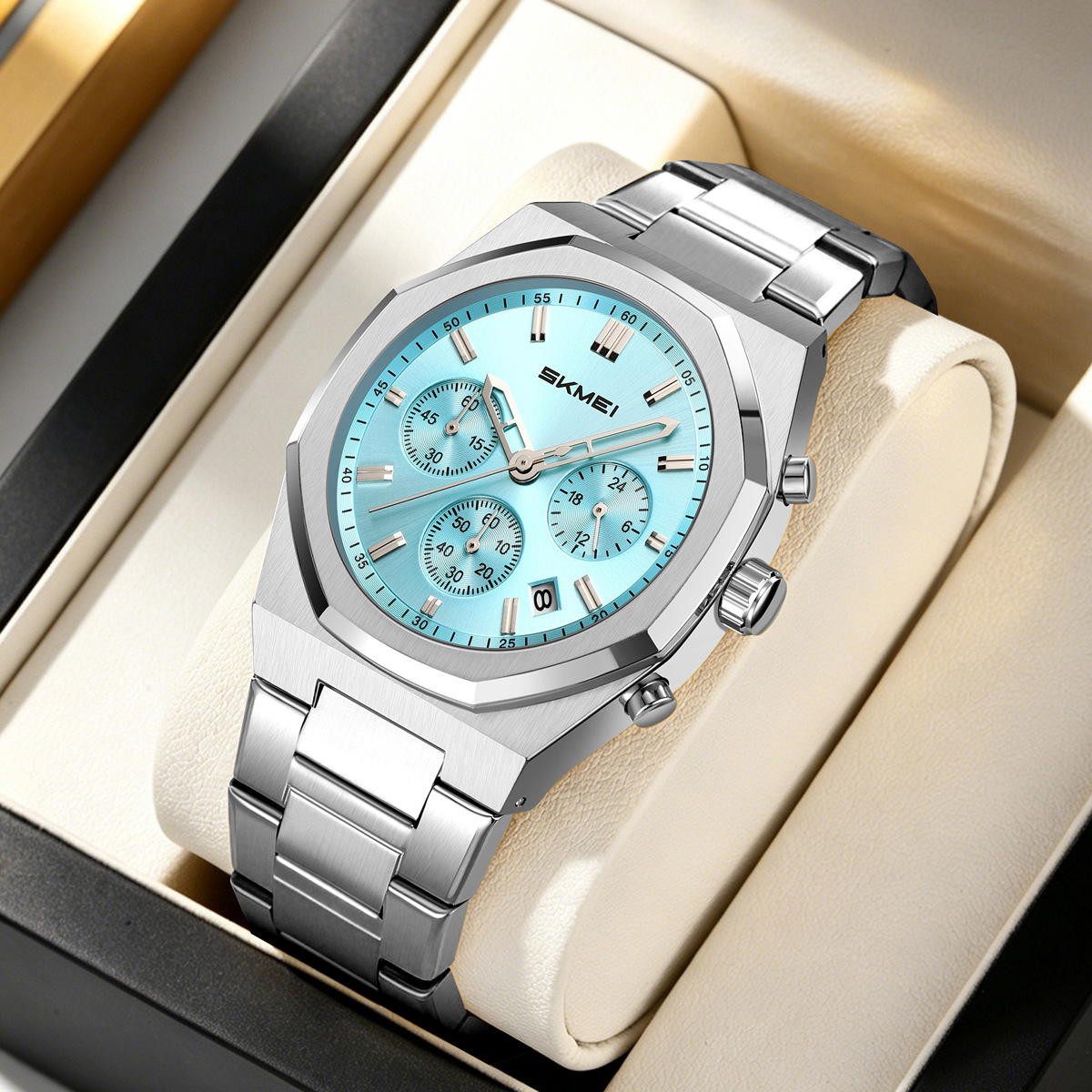 Momento de acero de octogón cronógrafo de cuarzo hombre impermeable relojes de negocios regalos personalizados mayoristas transfronterizos