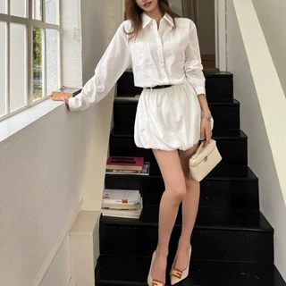 2026秋季新款女装山茶白茉莉极简衬衫连衣裙女休闲气质花苞裙短裙