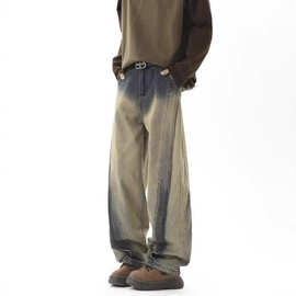 2025设计感复古解构黄泥水洗弯刀裤渐变水洗做旧宽松直筒牛仔