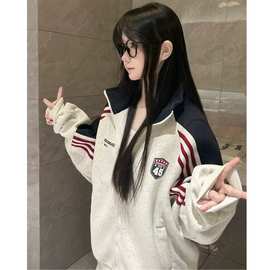 美式条纹撞色立领开衫卫衣男潮牌学院风宽松休闲百搭运动夹克外套