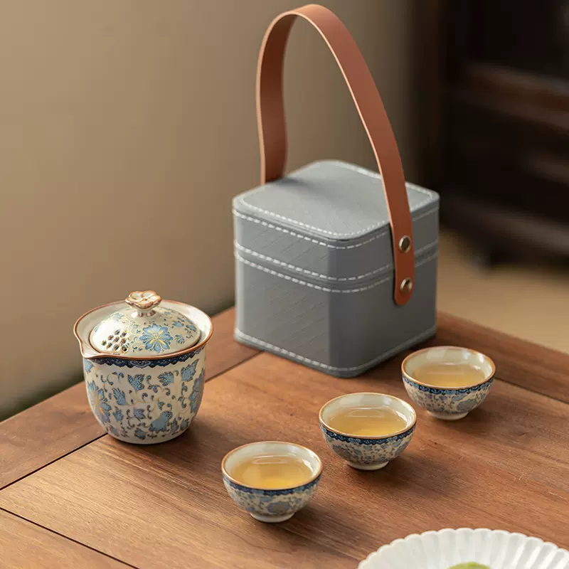 青花满彩汝窑开片可养旅行茶具套装泡茶壶功夫茶杯便携式定制logo