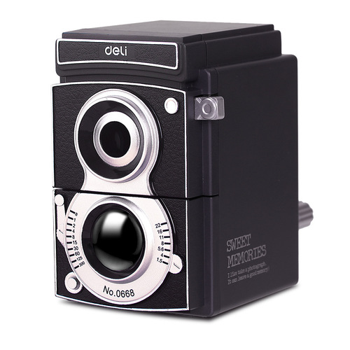 Deli Stationery 0668 Retro Camera Style Pencil Sharpener Thickness Adjustable Pencil Sharpener Hand-cranked Pencil Sharpener