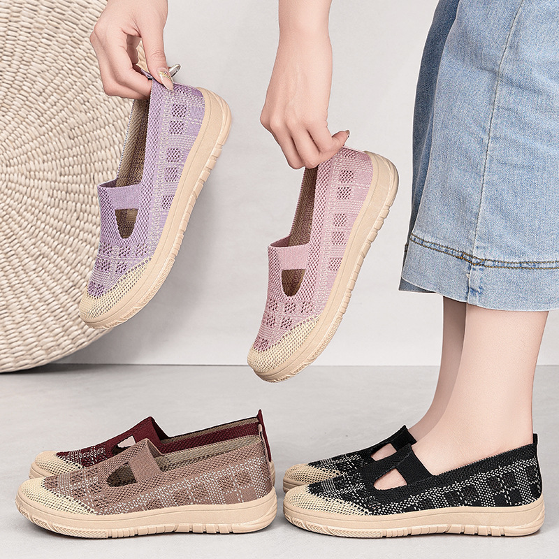 Zapatos de mujer nuevos zapatos casuales de todo fósforo de verano zapatos individuales voladores tejidos transpirables zapatos de madre cómodos de suela suave zapatos simples mujeres