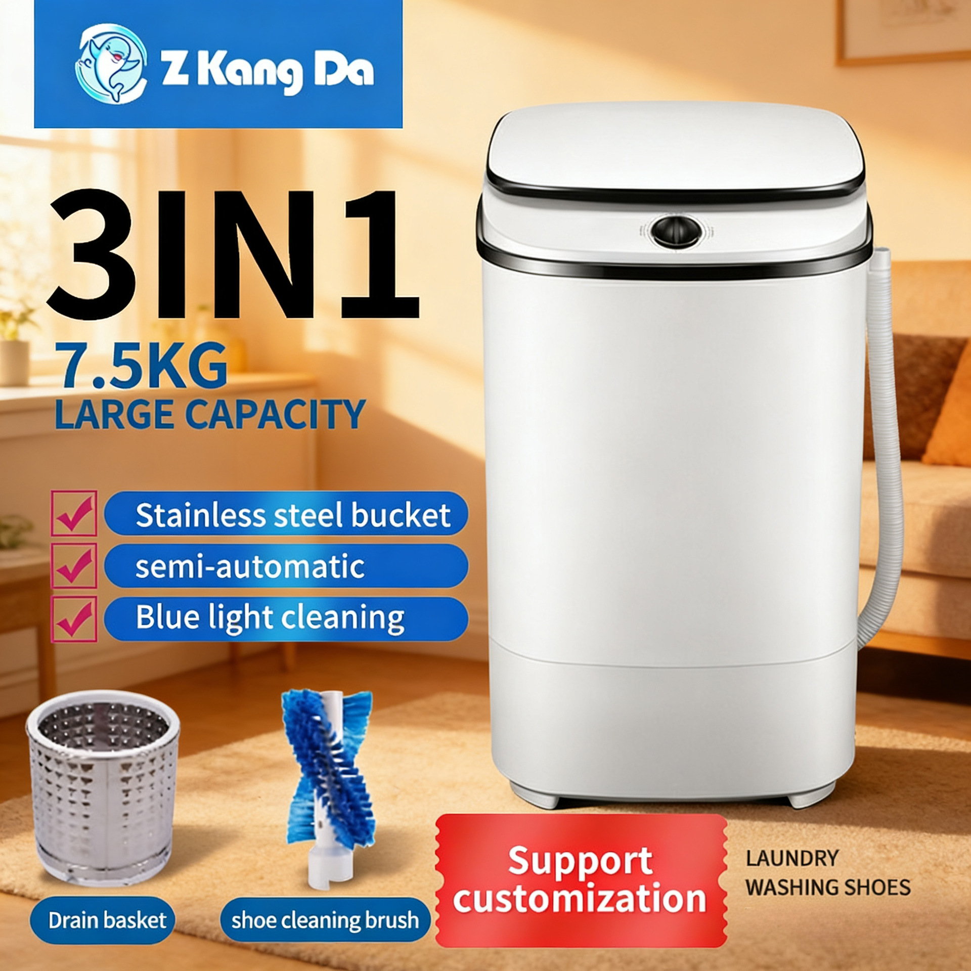 Cross-border wholesale 7.5KG small household washing machine semi-automatic elution machine mini shoe washing machine three-in-one