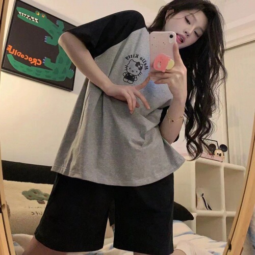 Summer Bestselling Women's Double Short Sleeve Shadow Smiling Cute Sweet Student Home Dress Set Fashion Viral Bestseller