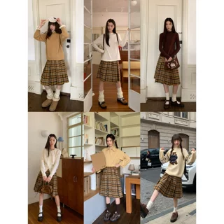 复古撞色格纹磨毛百褶裙女春秋新款小个子高腰半身裙子