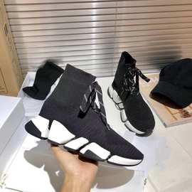 欧洲站2025春秋新款弹力针织系带厚底鞋高帮男女情侣袜靴工厂直销