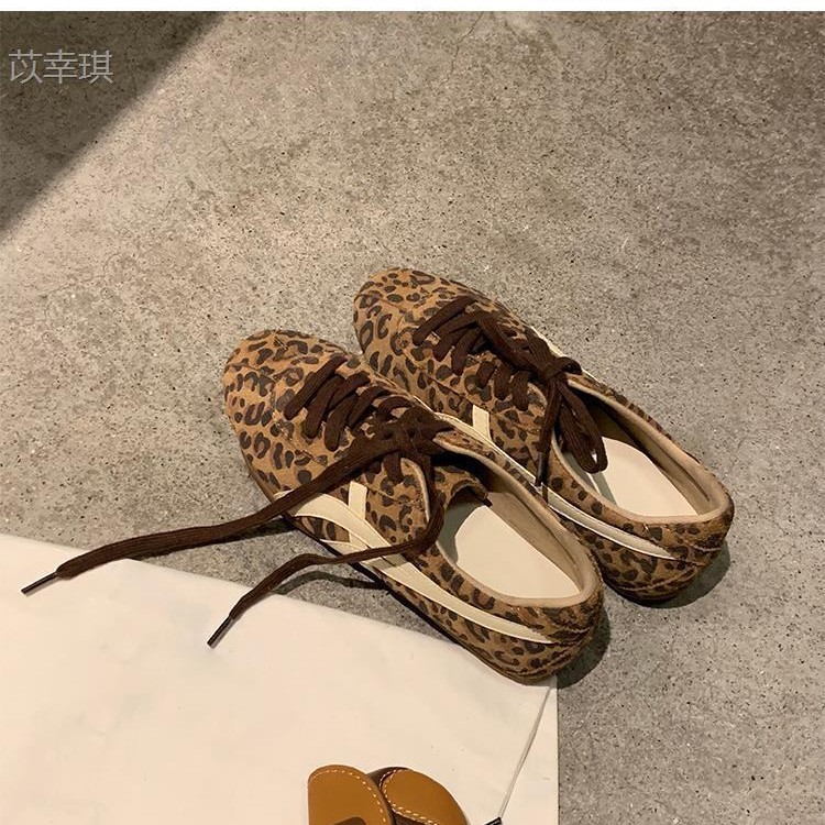 Sheepskin Version ~ 5cm Inner Height Increase Forrest Gump Shoes for Women, Leopard Print Contrasting Color, Versatile Casual Sneakers, Sports Shoes, Genuine Leather Training Shoes
