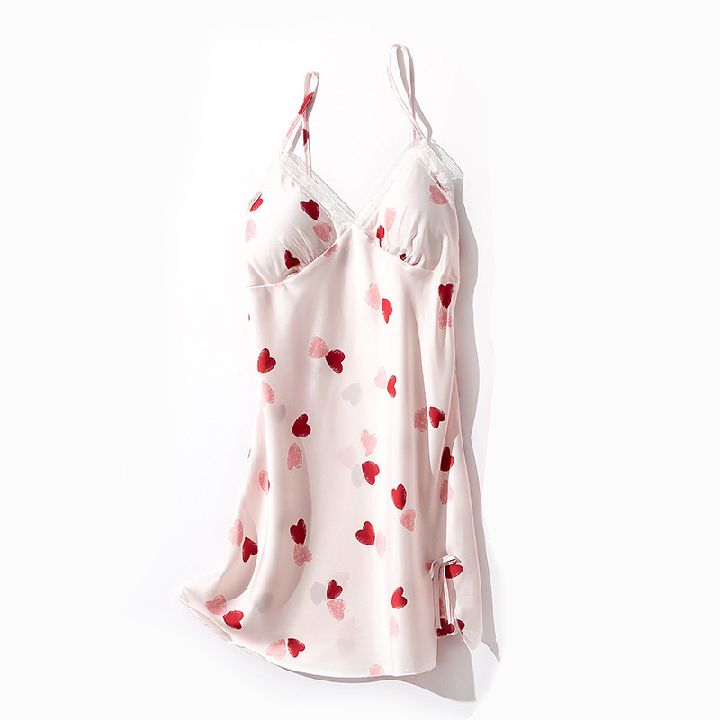 Pajamas Women Summer Sexy Lace Sling Nightgown Printed Ice Silk Pajamas Backless Chest Pad Home Clothes Wholesale