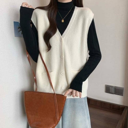 Chic Youthful V-Neck Knit Vest Outerwear for Women Autumn/Winter Plus Size Fat Sister Versatile Elegant Slimming Solid Color Top