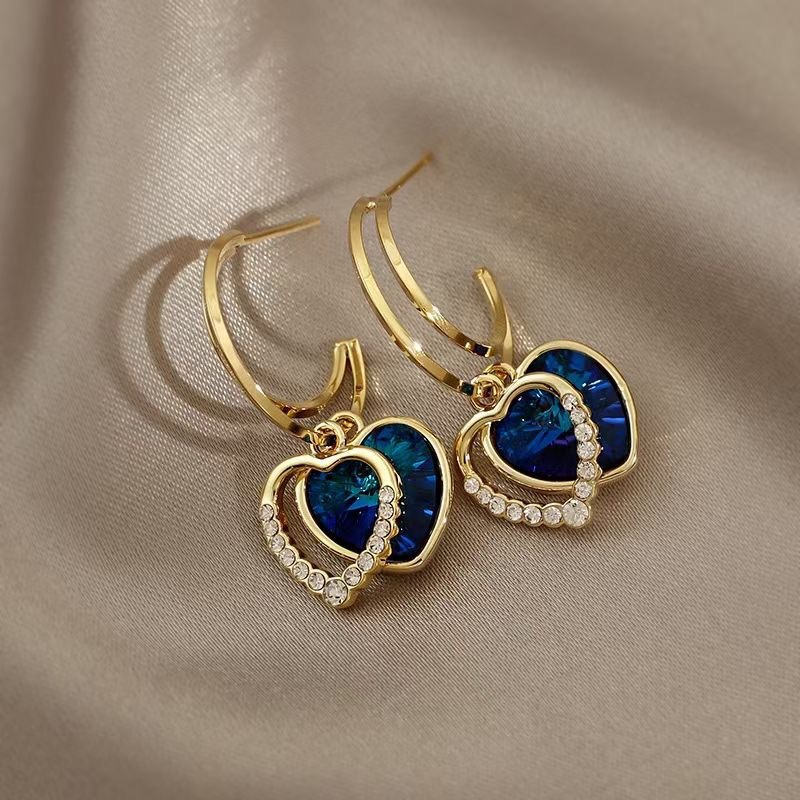 Fashion Blue Crystal Heart-shape Double Layer Earrings Wholesale display picture 4