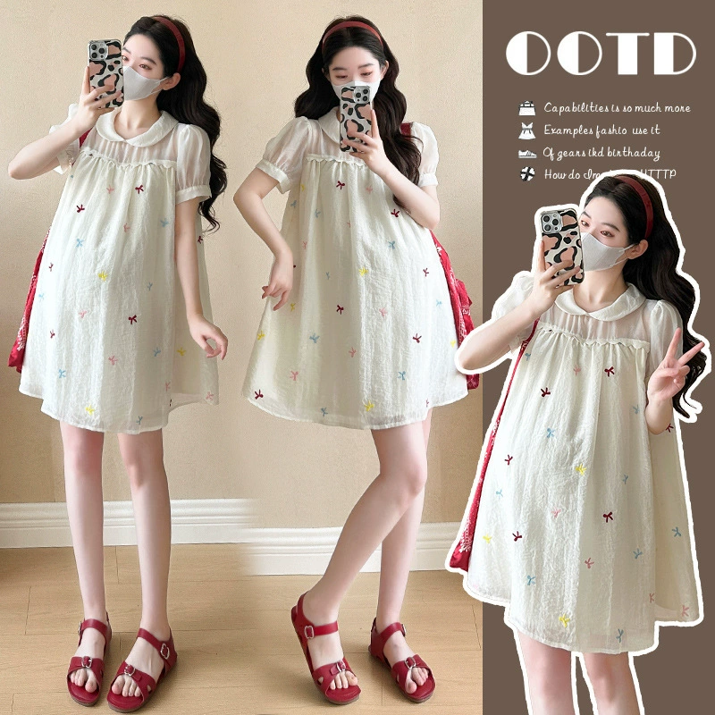 Летнее платье для беременных 2025 года, короткое, с вышитым воротником-стойкой, в корейском стиле, для миниатюрных женщин.
