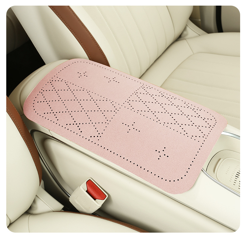 Car armrest box protective pad, breathable diamond perforated suede armrest pad, simple style car interior accessory