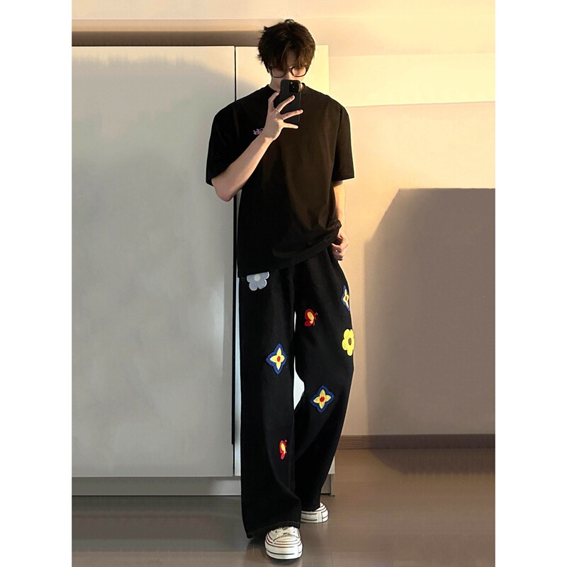 New Factor Floral Petal Chrysanthemum Embroidery Butterfly Original Color Jeans Unisex Black Straight Wide-Leg Casual Pants New Factor Floral Petal Chrysanthemum Embroidery Butterfly Original Color Jeans Unisex Black Straight Wide-Leg Casual Pants