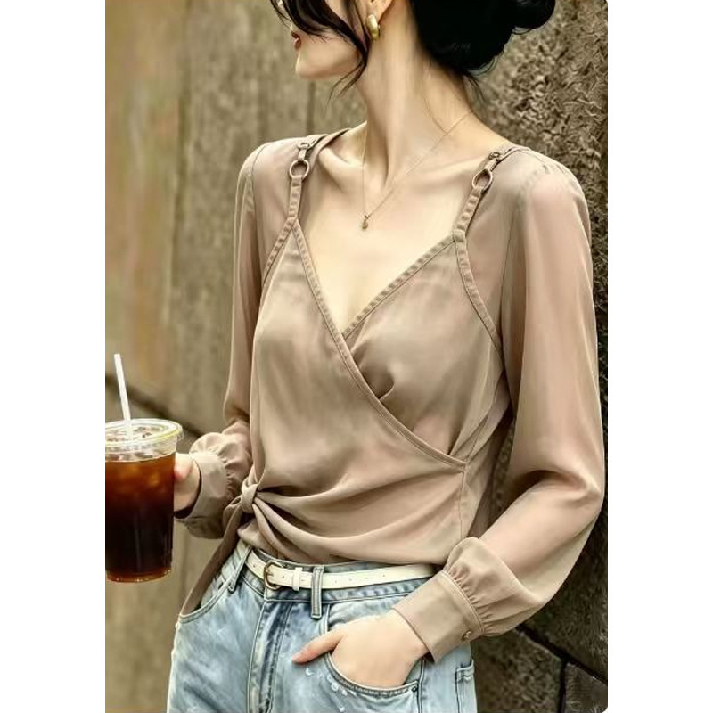 High-End Apricot-Colored Metal Ring Large-Size Top for Women, 2026 Summer New Style, Mature and Elegant Jacquard V-Neck Shirt High-End Apricot-Colored Metal Ring Large-Size Top for Women, 2026 Summer New Style, Mature and Elegant Jacquard V-Neck Shirt