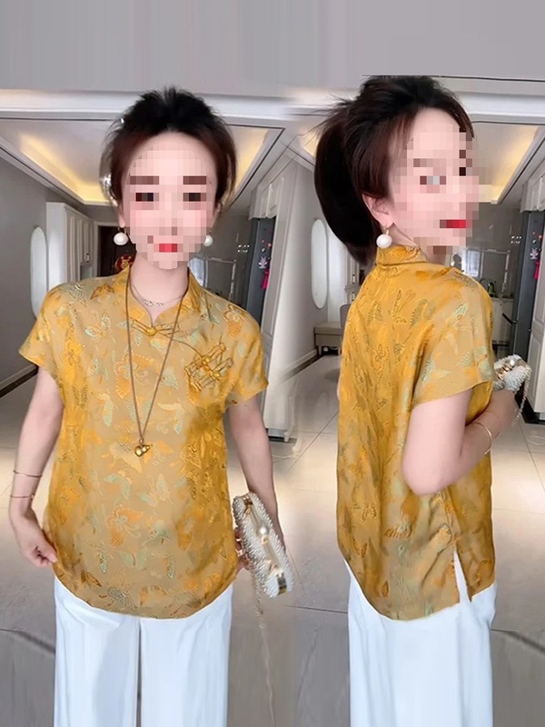 新しい中国風の女性用シャツ、夏の新しいスタイル、ジャカードボタン半袖トップス、多用途のルーズな外国貿易シャツ|undefined