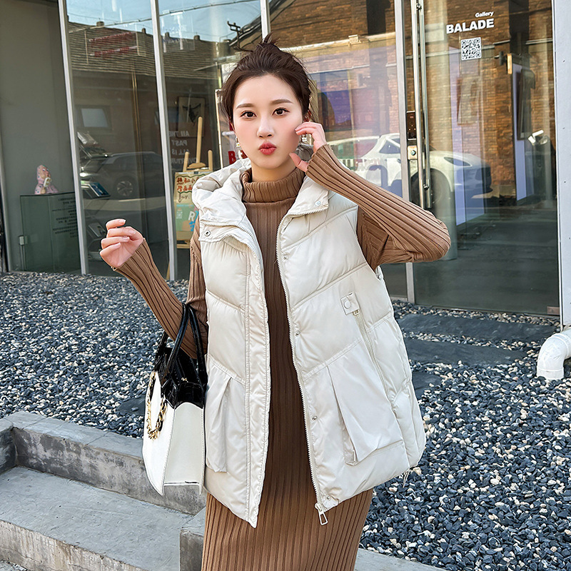 Algodón chaleco de mujer 2024 otoño y invierno nuevo estilo coreano suelto medio largo encapuchado sin mangas algodón hombro fuera de la moda de abrazadera image 6