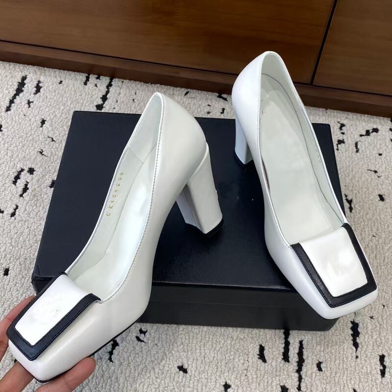 Foreign Trade Chanel-Style 2026 New Classic Color-Blocked Lambskin Suede Square-Toe Chunky Heel High-Heeled Fashion Shoes for Women
