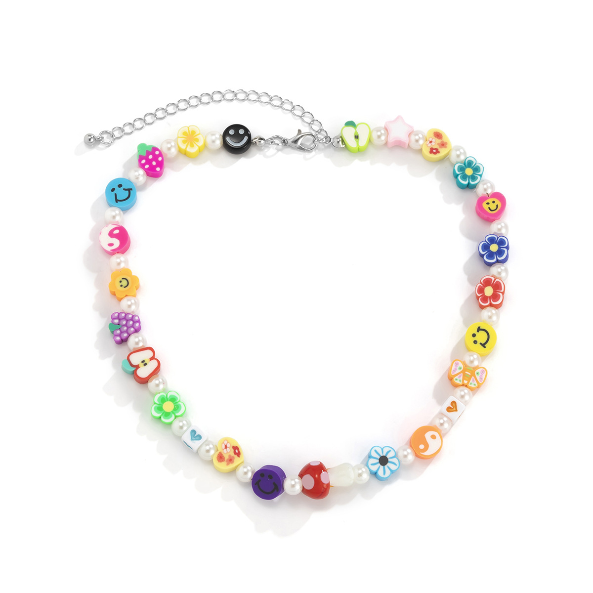 Retro Contrast Color Mix And Match Stitching Soft Ceramic Fruit Necklace Simple Millennial Glass Flower Imitation Pearl Necklace display picture 5