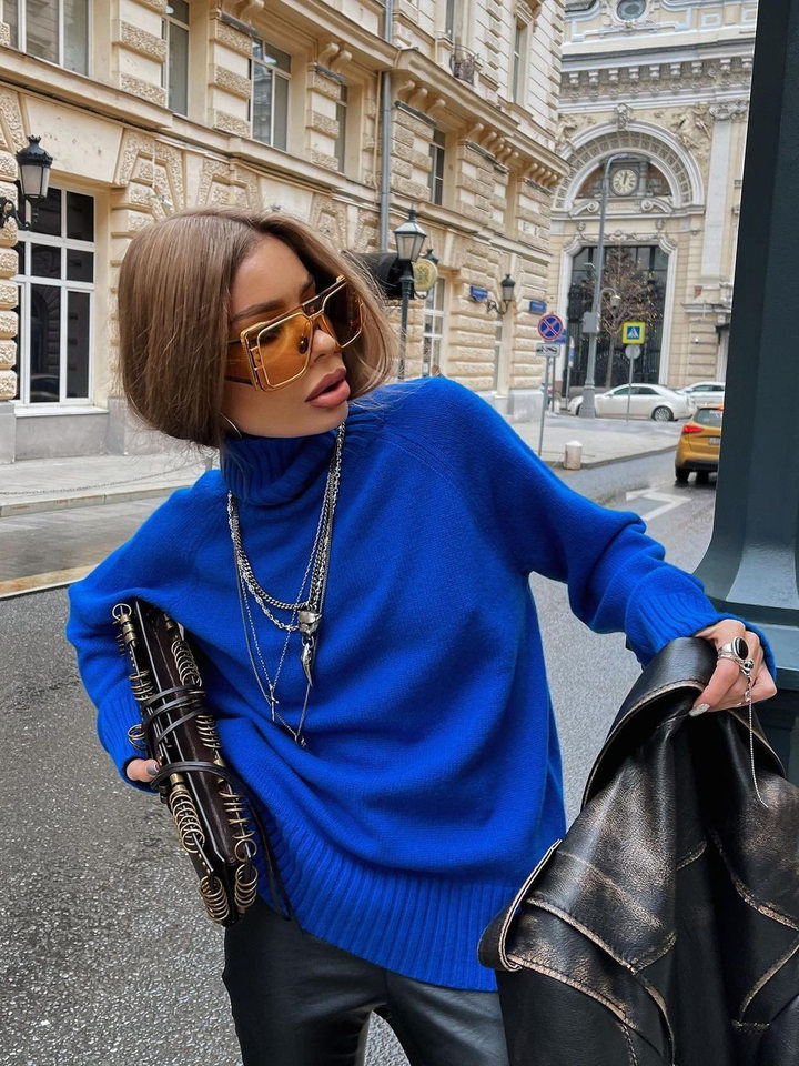 Áo len nữ cổ cao tay raglan dáng trung bình màu trơn — Màu cam, Màu hồng, Màu trắng, Màu xanh da trời chi tiết 23
