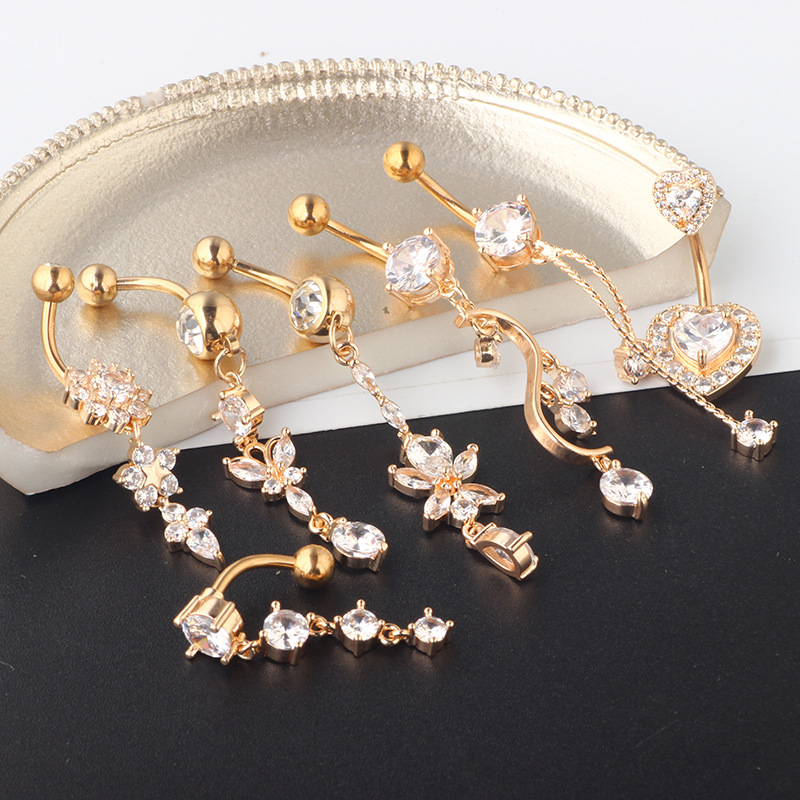 Mixed Zircon Navel Ring Set - 7-Piece Belly Button Piercing Jewelry with Heart Shape detail image 8
