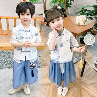 儿童汉服套装夏季新款男女童水墨仙鹤中国风演出唐装雪纺裙古装