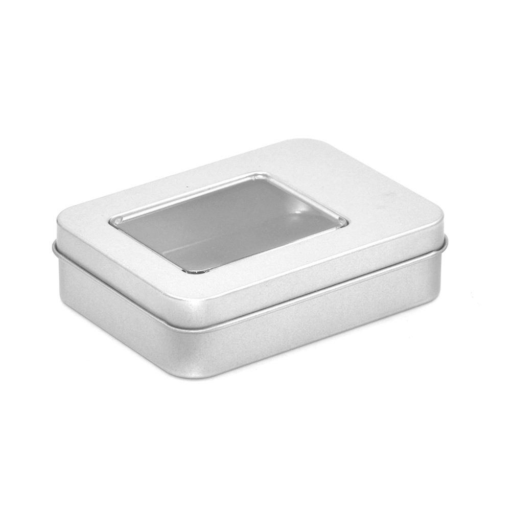 Caja de hierro en stock embalaje caja vacía caja de hojalata rectangular Ventana de PVC multi-tamaño caramelo U-placa caja imprimible logotipo