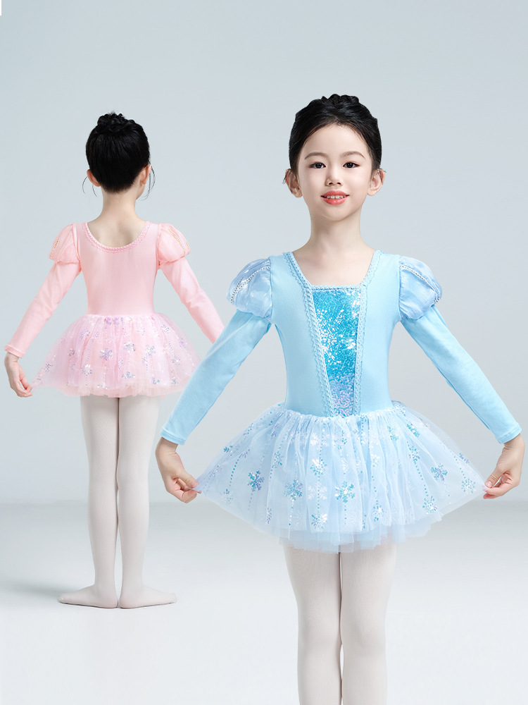 Ropa de baile para niños Ropa de entrenamiento de baile de manga abullonada de manga larga de otoño e invierno Falda de ballet para niñas Ropa de Año Nuevo para niños