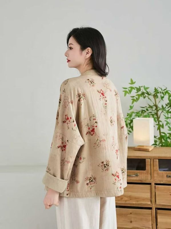 古咖服饰复古印花盘扣外套女式秋季立领宽松休闲时尚气质茶服开衫|undefined