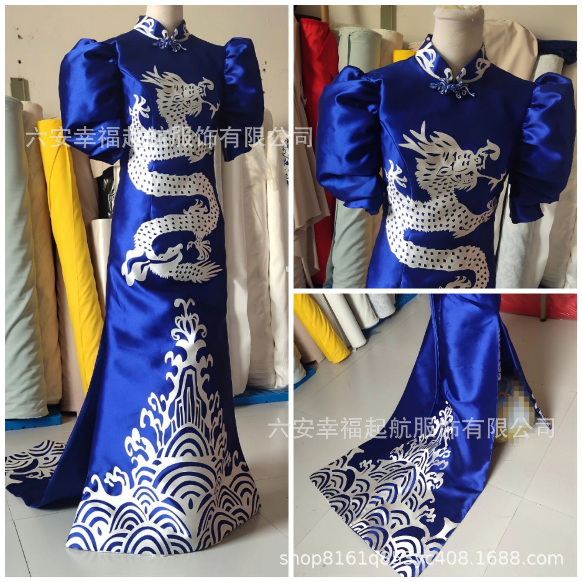 Blue improved slit cheongsam