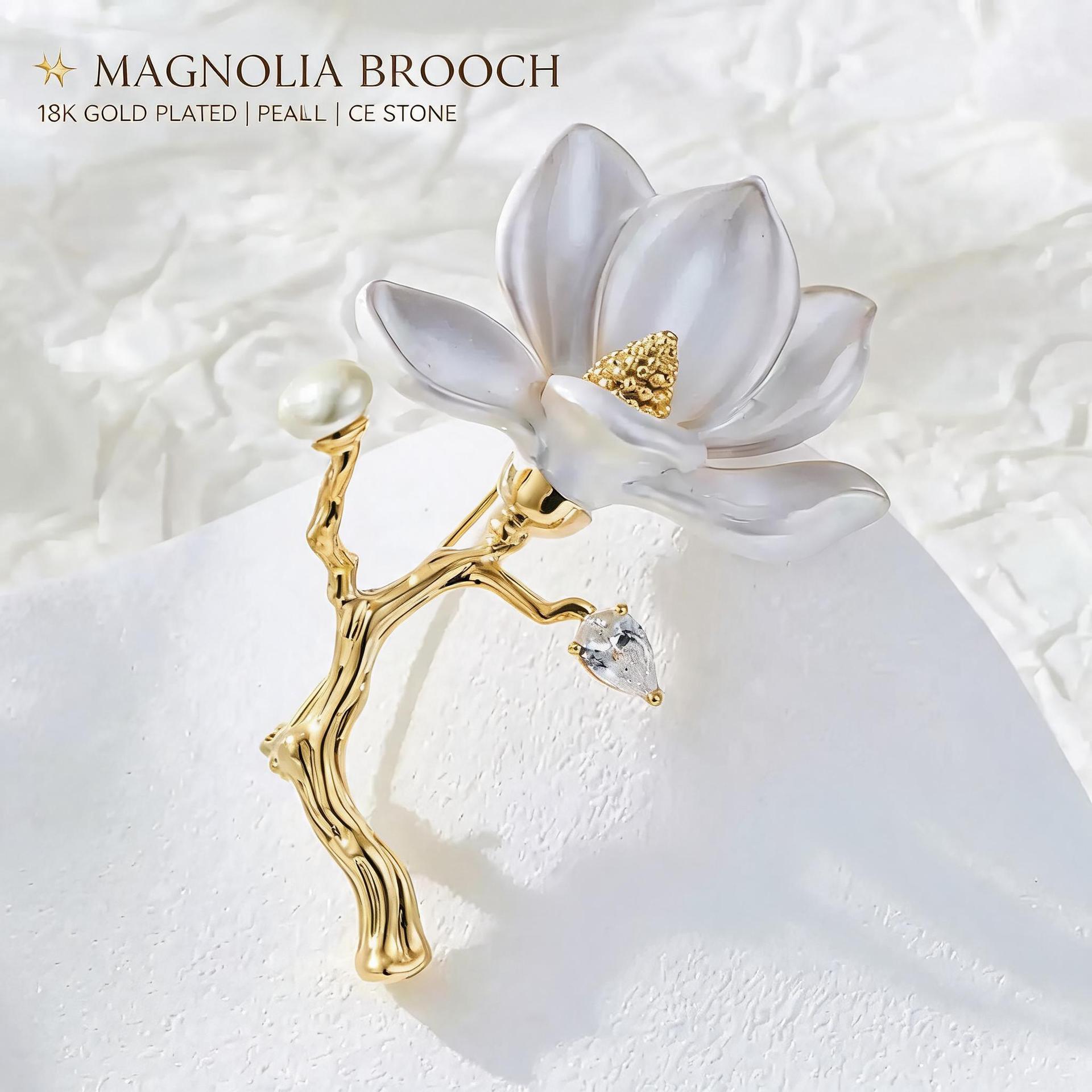 New Chinese-style enamel magnolia flower brooch, eco-friendly alloy, pearl and crystal embellishments, traditional Chinese-style pin, women's accessories, wholesale