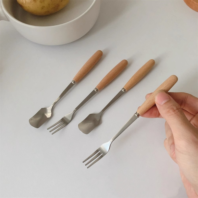学生木柄ステンレスナイフフォーク食器セットステーキデザートインスタ风长柄箸フォークスプーンセット|undefined