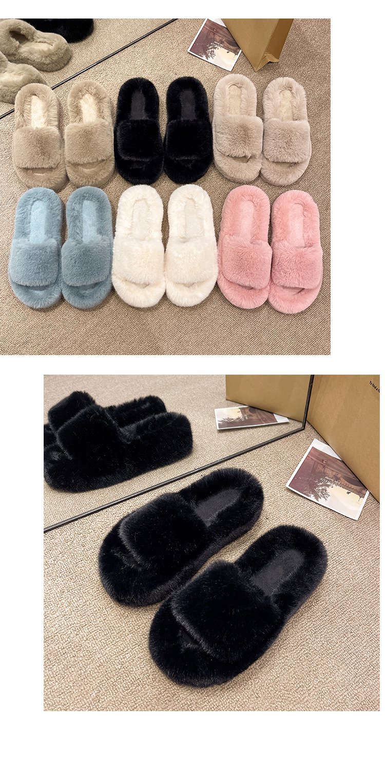 2023 new thick bottom one-word solid color foreign trade plus size fleece slippers flat bottom plush fur slippers casual fashion_voghion.com