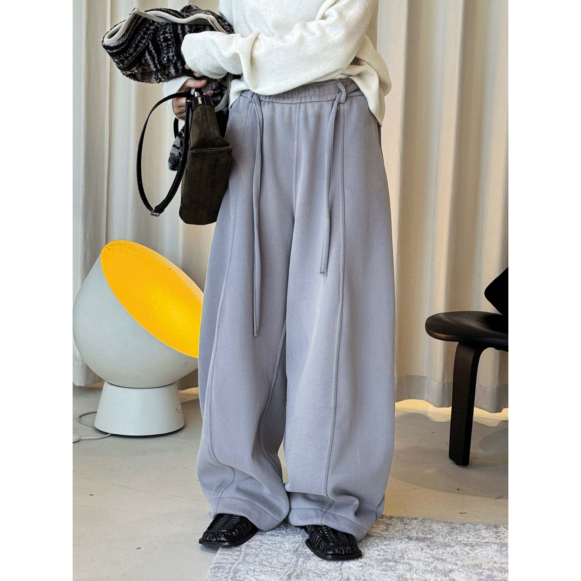 Louvre Winter New Korean Style Simple Casual Style Fleece-Lined Pumpkin Casual Pants Silhouette Wide-Leg Draped Pants for Women