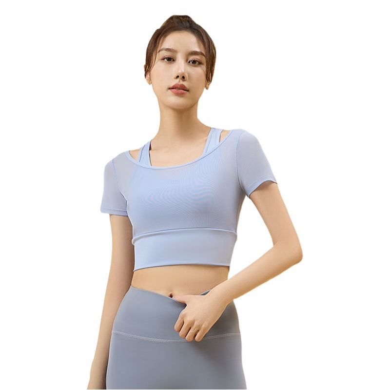 Juyitang malla deportiva de manga corta con almohadillas para el pecho desnuda de alta elasticidad para correr al aire libre ropa de yoga de manga corta de verano para mujer