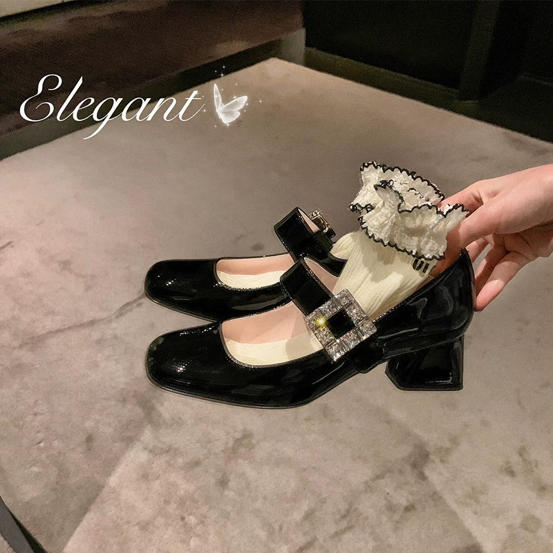 [Sheii Su Yinyin] обеденная леди ~ квадратный носок со стразами квадратная пряжка на массивном каблуке туфли Мэри Джейн женские однослойные туфли свадебные туфли