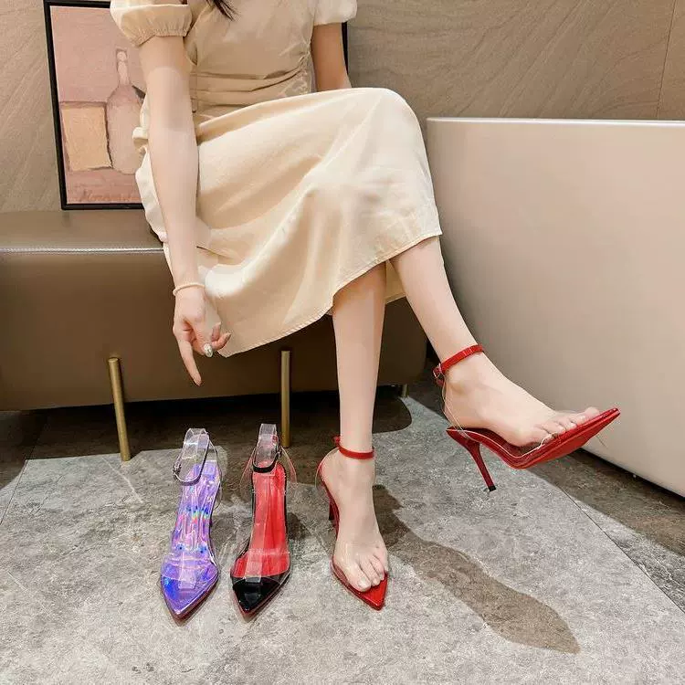 Модные сандалии женский 2024 новый летний остроконечный женский туфли с прозрачным каблуком