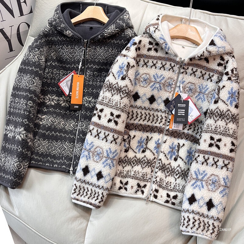 Fair Isle Imitation Lamb Wool Curly Leaf Pattern Hooded Double-Sided Fleece Warm Jacket Windproof Coat for Women in Artistic Retro Style
