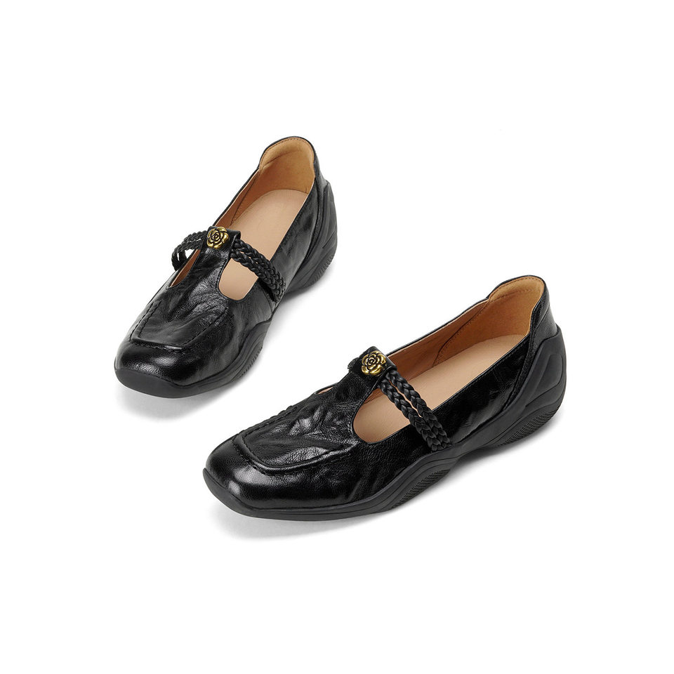 Giày Mary Jane nữ da cừu dệt vintage đế bệt gót thấp quai ngang khóa T — màu nâu chi tiết 17
