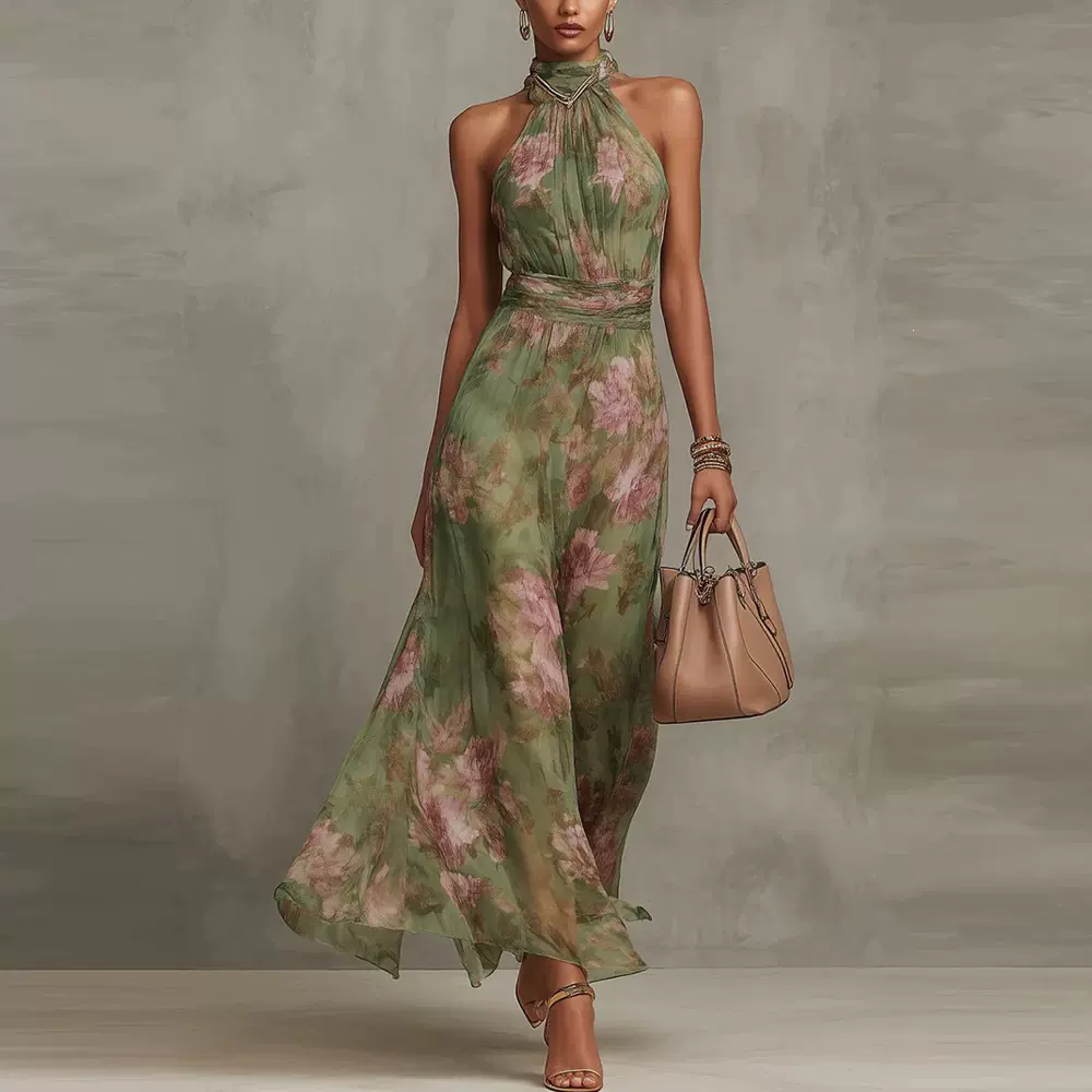 跨境2026欧美女装包臀网纱印花不规则开叉褶皱性感吊带连衣裙长裙
